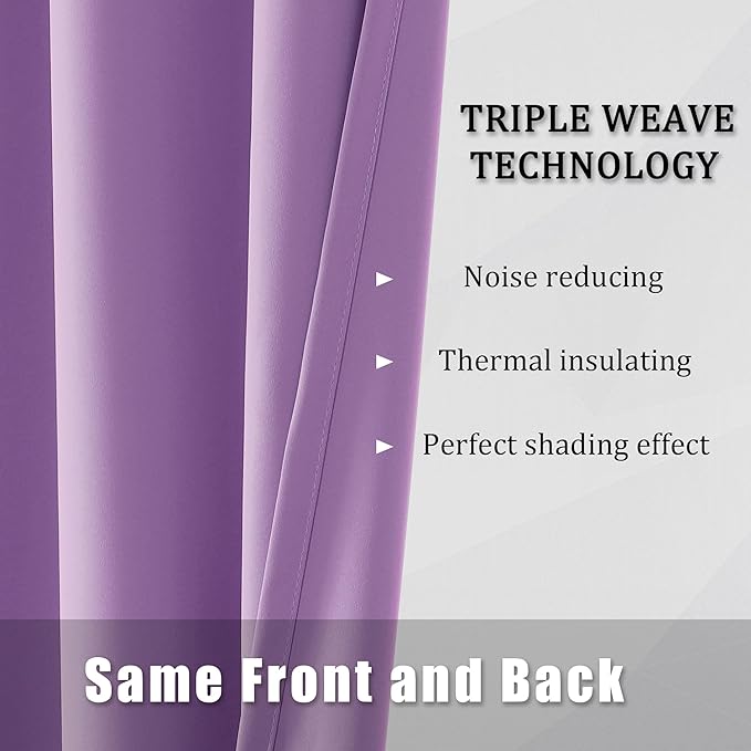 DUALIFE Purple Curtain Panels for Girls Room 45 inch Length Solid Energy Efficient Room Darkening Bedroom Curtains for Short Windows Thermal Insulated Grommet Top 52 x 45 inch