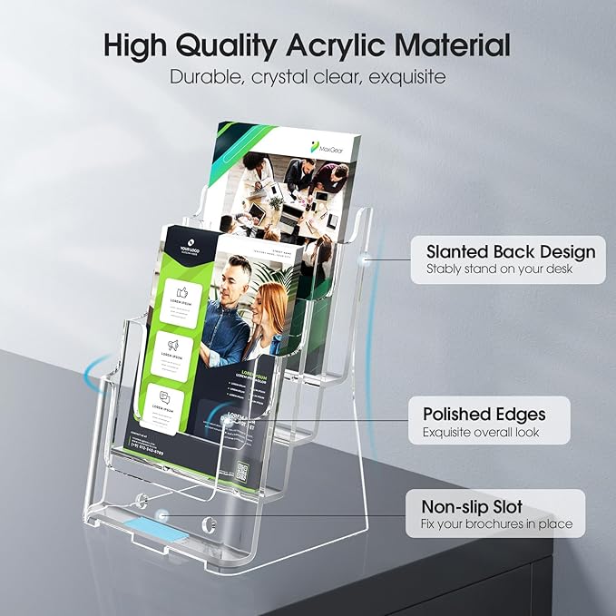 MaxGear Brochure Holder 4 Tier 6x9 inch Acrylic Literature Display Stand Clear Plastic Flyer Holder Wall Mount or Countertop Use for Pamphlets, Booklets, 4 Pack