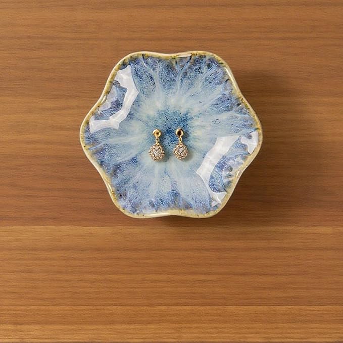 2Pcs Ceramic Jewelry Dish - Lotus Leaf Shape, for Ring Holder Necklace Small Key, Suitable for Mother Friend Sister, Gifts for Women, Cute Plate Trinket Tray, Home Decor (Light Blue & Blue)