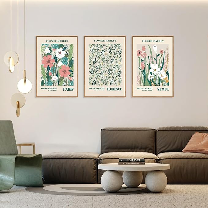 HLNIUC Flower Market Wall Art Prints, Boho Floral Wall Decor, Large Matisse Sage Green 16"x24" Framed Art Set of 3, Abstract Colorful Botanical Painting for Living Room, Bedroom, Office