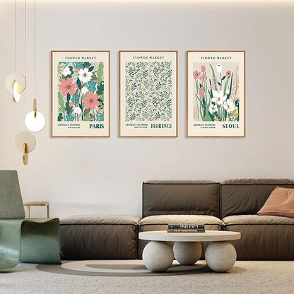 HLNIUC Flower Market Wall Art Prints, Boho Floral Wall Decor, Large Matisse Sage Green 16"x24" Framed Art Set of 3, Abstract Colorful Botanical Painting for Living Room, Bedroom, Office