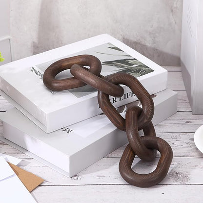 Queekay Decorative Wood Chain Link Decor Rustic Wooden 5 Link Wooden Decor Ornament Farmhouse Home Decoration Hand Carved Wood Chain Ornaments for Coffee Table(Dark Walnut)