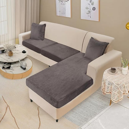 NAISI Sectional Couch Cover 3 Pieces Velvet Separate Couch Cushion Covers L Shape Soft Stretch Sofa Slipcovers with 2pcs Pillowcases for Left/Right Chaise Sectional Couch(2 Seater+1 Chaise,Brown)