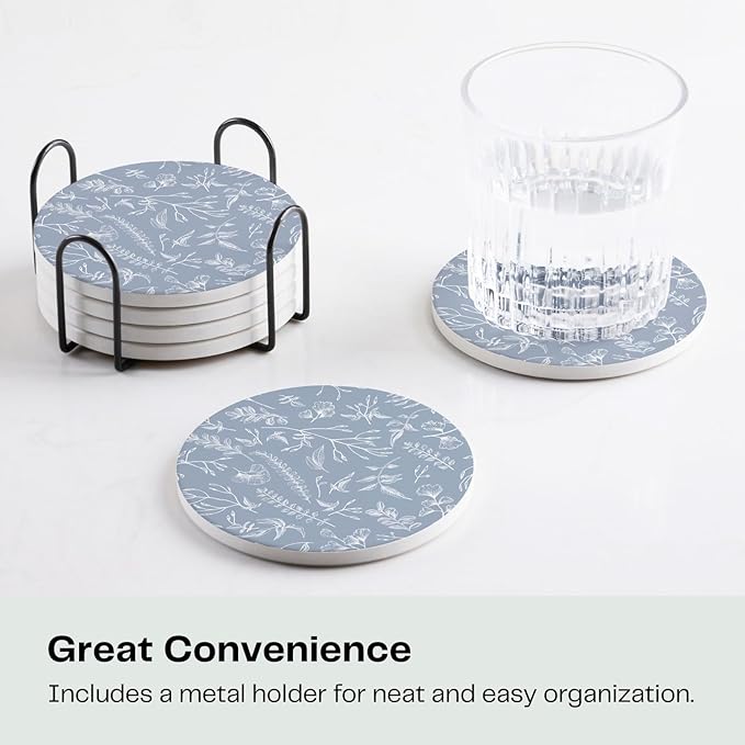 Set of 6 Floral Dusty Blue Coasters with Holder, Absorbent Ceramic Drink Coasters with Cork Backing for Table Protection, Coffee Table Décor