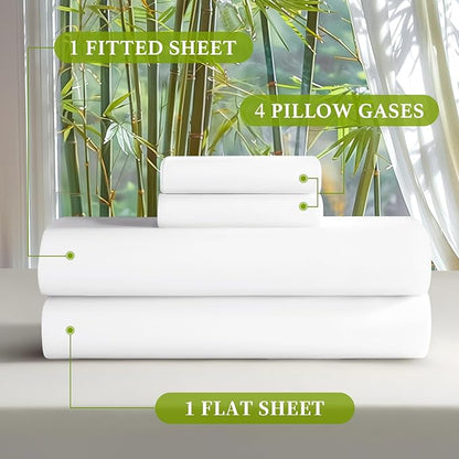 Shilucheng 100% Viscose Derived from Bamboo_ Sheets Full Size 4pcs - Ultra Cooling & Silky Soft Bed Sheets, 16" Deep Pocket, Perfect for Hot Sleepers, Hotel Bedding Sheets (White)