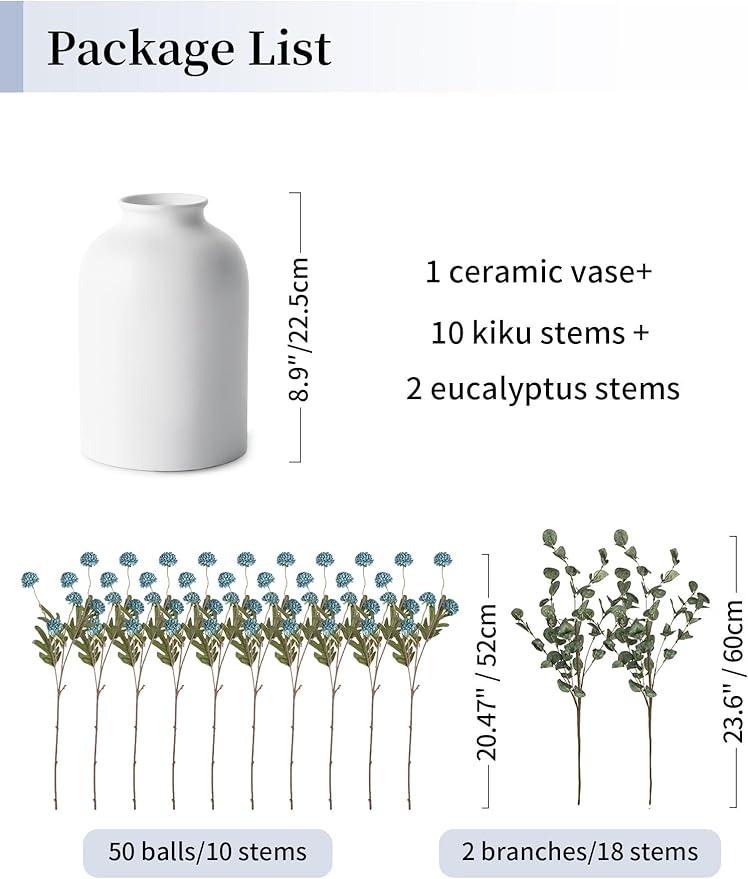 BLOSMON Blue Flowers Artificial for Decoration: Ceramic Vase with 12 Stems of Dusty Blue Flowers Fake Mums Kiku Eucalyptuses for Home Table Centerpieces - Faux Pom Poms Floral Arrangement Dining Room