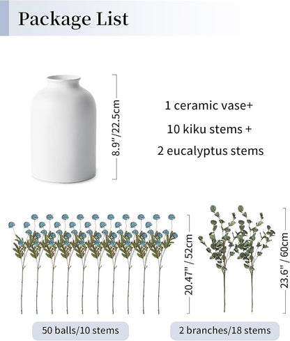 BLOSMON Blue Flowers Artificial for Decoration: Ceramic Vase with 12 Stems of Dusty Blue Flowers Fake Mums Kiku Eucalyptuses for Home Table Centerpieces - Faux Pom Poms Floral Arrangement Dining Room