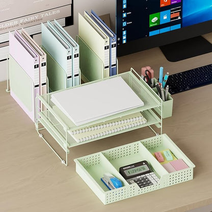 Green Desk Organizer, Office Organization with Vertical File Holder, File Organizer with Drawer and Pen Holder, Desk Accessories and Workspace Organizers for Home Office (Green)