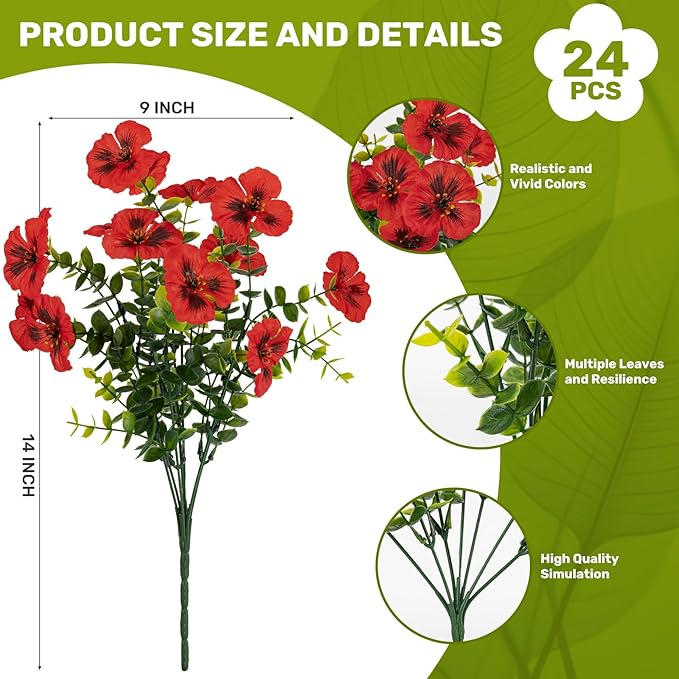 Artificial Flowers, 24 Bundles, Decorative Bouquets for Home, Wedding, Garden, Office Decor (Red)
