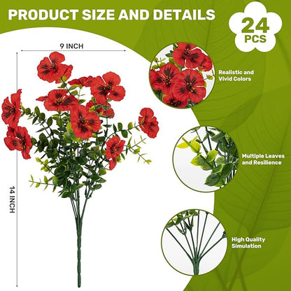 Artificial Flowers, 24 Bundles, Decorative Bouquets for Home, Wedding, Garden, Office Decor (Red)