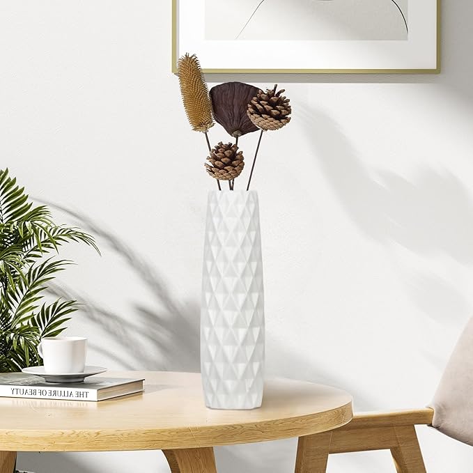 12Inch Tall Ceramic White Flower Vases,Home Decor White Vase for Pampas Grass,Modern Textured Vases for Living Room Decorations,Table Centerpieces,Shelf,Farmhouse Small Ceramic Vase
