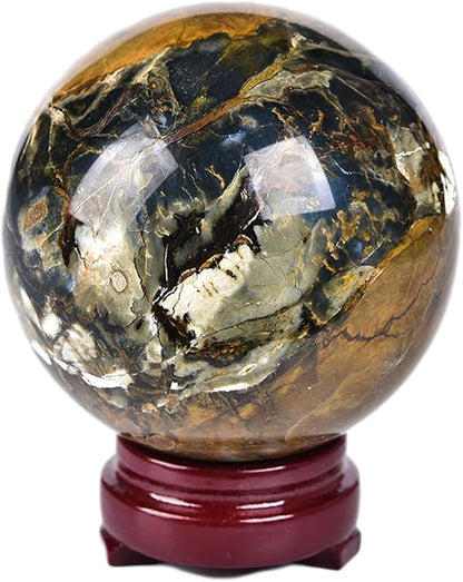 JIC Gem Pietersite Crystal Sphere with Wooden Stand,Decorative Crystal Ball Blues and Golden Browns Gemstone Sphere for Meditation,Feng Shui,Witch-Style Decor,Office Table Decorations 70-80mm