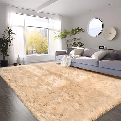 SERISSA Faux Fur Area Rug, 5x8 Feet, Beige, Luxury Shaggy Rug for Living Room, Bedroom, Nursery Decor