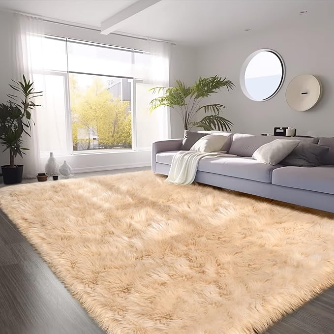 SERISSA Beige Faux Fur Sheepskin Rug 8x10 Feet, Large Fluffy Fuzzy Shaggy Area Rug, Furry Throw Rug for Living Room, Bedroom, Nursery Room Decor (Rectangle, Beige)