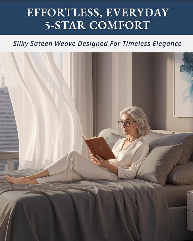 100% Egyptian Cotton King Sheet Set – Naturally Cooling & Breathable Sateen 4 Piece King Sheets, Authentic Long-Staple Cotton for Lasting Softness, Snug Fit 15" Deep Pocket Fitted - Charcoal