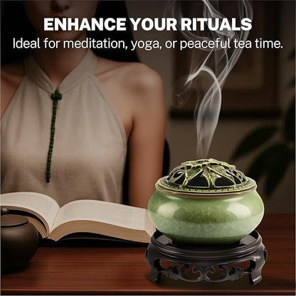 Ceramic Incense Burner with Lotus Incense Holder, Multi-Functional Incense Burner Holder for Incense Sticks, Coil Incense and Cones, Perfect Home Decor