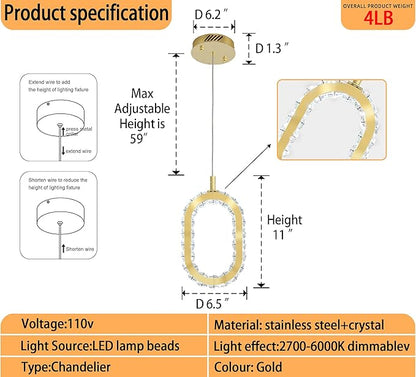Gold 1 Ring Pendant Lights Kitchen Island Single Head Crystal Chandeliers Foyer Entrance Modern LED Dimmable Chandeliers