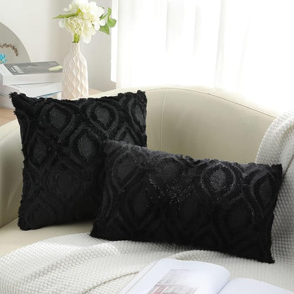 decorUhome Spring Euro Sham Throw Pillow Covers 26x26 Inch Set of 2, Soft Plush Faux Wool Black Solid Couch Pillow Covers, Accent Farmhouse Neutral Square Pillow Cases for Sofa Bed Living Room