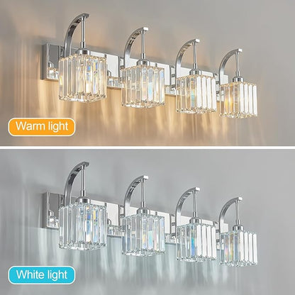 Crystal Vanity Lights 4-Light Chrome Bathroom Vanity Lights Modern Crystal Bathroom Light Fixtures Over Mirror 32.67" Long Vanity Light for Bathroom