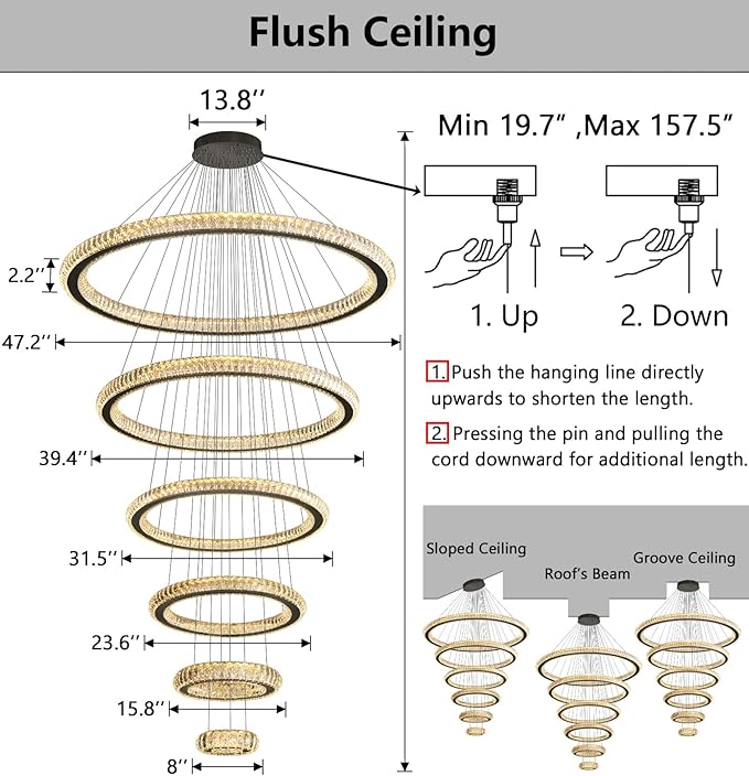 Modern Chandelier 8"+16"+24"+32"+40"+47" 6 Rings Crystal LED Dimmable Lighting Foyer Entryway High Ceiling Living Room Chanderliers Pendant Lights Fixtures Black Light