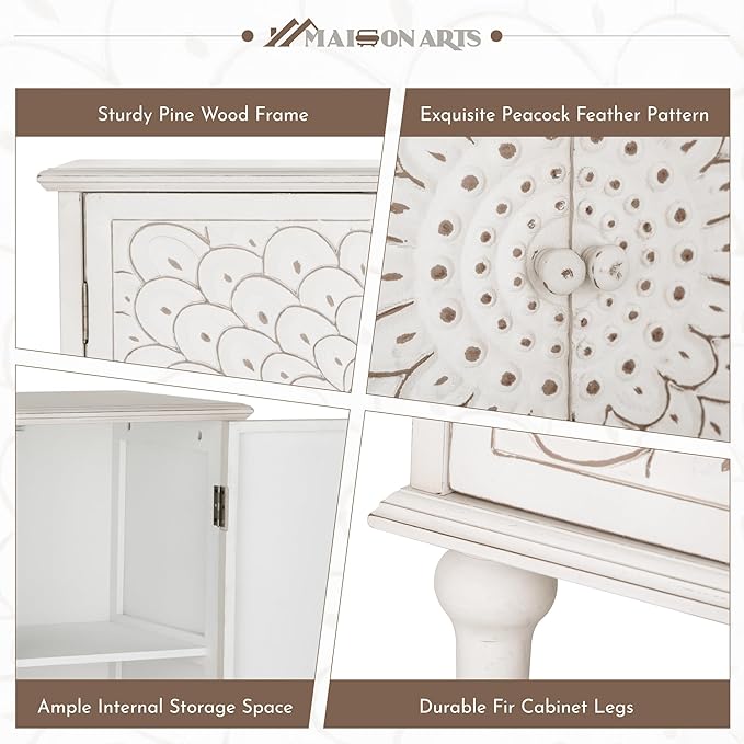 MAISON ARTS White Accent Cabinet with 2 Doors, Farmhouse Distressed Storage Cabinet w/Solid Wood Legs for Living Room Entryway, Kitchen Sideboard Buffet Cabinet, Feather Pattern
