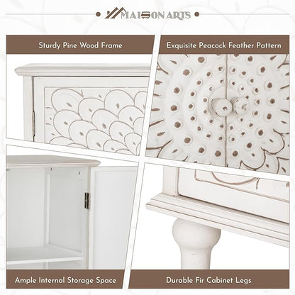 MAISON ARTS White Accent Cabinet with 2 Doors, Farmhouse Distressed Storage Cabinet w/Solid Wood Legs for Living Room Entryway, Kitchen Sideboard Buffet Cabinet, Feather Pattern