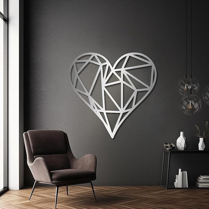 Metal Wall Art, Geometric Heart Metal Wall Art, Metal Art Heart, Heart Wall Decor, Geometric Wall Art, Line Art Wall Decor, Minimalist Wall Art, Wall Decor Living Room (Silver, 41"x39"|103x100cm)