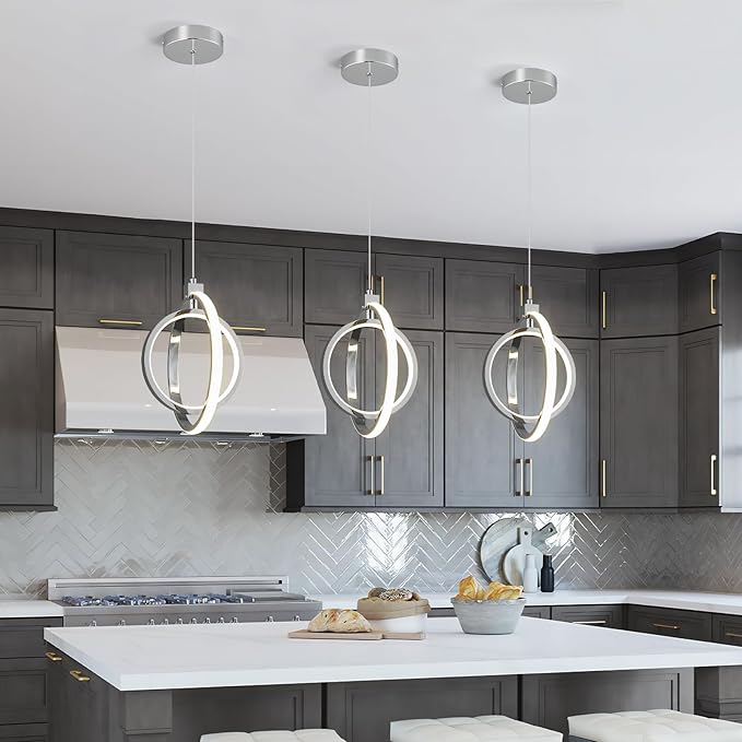 Modern LED Chandelier Chrome Ring Pendant Light Fixtures 4000K Dimmable Height Adjustable Pendant Lighting for Dining Room Kitchen Island Bedroom Living Room Foyer（1-Pack）…
