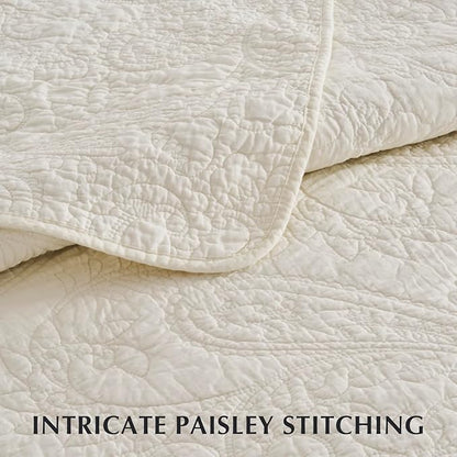 EVERGRACE 100% Cotton Paisley Quilt Set, Queen Size 3 Piece Set – Prewashed Lightweight Bedspread with 2 Shams, Soft & Breathable Matelasse Coverlet for All-Season Comfort, Ivory Cream
