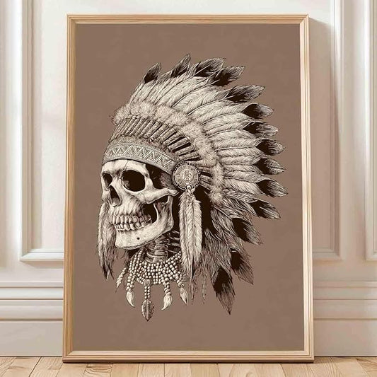 Native American Pictures Indian Chief Painting Skulls And Feathers Wall Art Ethnic Skulls Sheik Wall Art Tribal Indian Chief Poster Skull Pictures Vintage Halloween Living Room Decor 16x24in No Frame