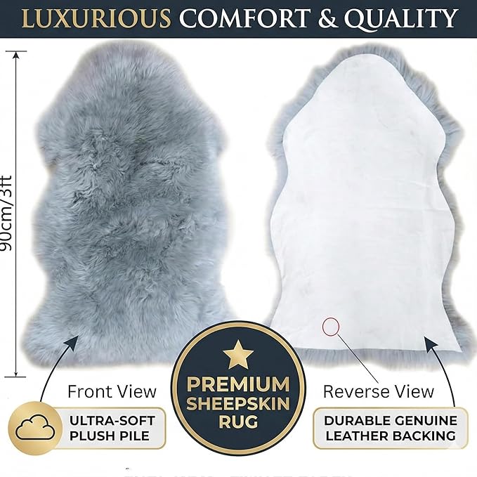 Woolous Gray Sheepskin Rug - Genuine New Zealand Natural Fluffy Area Rug, Real Sheep Skin Throw for Bedroom, Living Room or Chair Cover (Single Pelt, 2x3 ft, Gray)