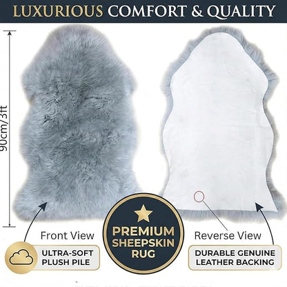 Woolous Gray Sheepskin Rug - Genuine New Zealand Natural Fluffy Area Rug, Real Sheep Skin Throw for Bedroom, Living Room or Chair Cover (Single Pelt, 2x3 ft, Gray)