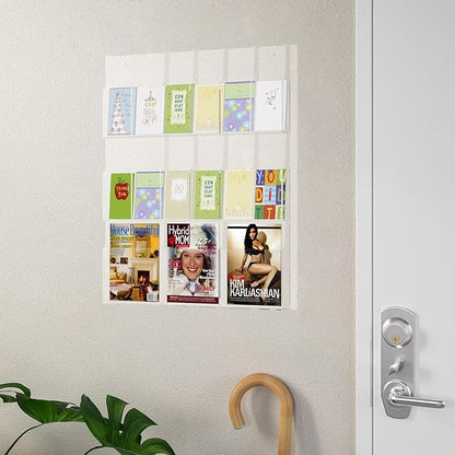 Acrylic Brochure Holder Wall Mount – 3 Magazine Racks & 12 Trifold Pamphlet Holders, Clear Literature Organizer for Office, Home, School, Clinic, Retail - Wall Mounted Flyer Display Rack, Transparent