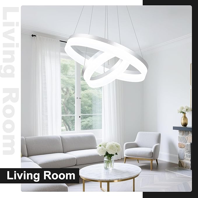 Buccleuch 2-Ring Modern LED Chandelier - Dimmable Silver Round Pendant Light, Height Adjustable ETL-Certified Ceiling Light for Dining Room, Kitchen Island, Living Room, Bedroom, Foyer