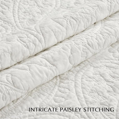 EVERGRACE 100% Cotton Paisley Quilt Set, Queen Size 3 Piece Set – Prewashed Lightweight Bedspread with 2 Shams, Soft & Breathable Matelasse Coverlet for All-Season Comfort, Bright White