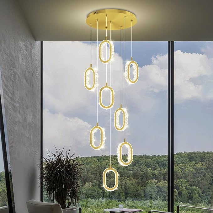 Gold 8 Rings Crystal Chandelier for Foyer Stairwell High Ceiling Chandelier Dimmable Oval Crystal Ring Pendant Light