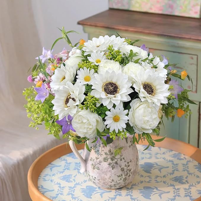 3 Pcs Fall Flowers Artificial Mums Silk Fake Mums Bouquet Faux Floral Arrangements Home Indoor Outdoor Planter Decor Party Wedding Table Autumn Decoration (White-A)