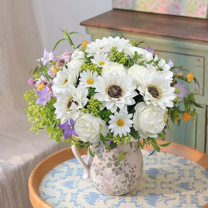 3 Pcs Fall Flowers Artificial Mums Silk Fake Mums Bouquet Faux Floral Arrangements Home Indoor Outdoor Planter Decor Party Wedding Table Autumn Decoration (White-A)