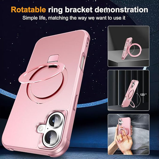 Compatible with iPhone 16 Case with Invisible Magnetic O-Ring Stand Military-Grade Case for iPhone 16 6.1" [Compatible with Mag-Safe][Great Grip Feeling], Rose Gold