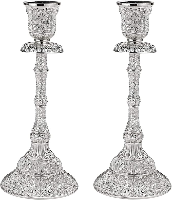 OwnMy Set of 2 Taper Candle Holders Vintage Metal Pillar Candlestick Holders 7.4”, Elegant Brass Candle Stick Holders Decor Candelabra Set for Dining Table Centerpieces Wedding Home Decoration, Silver