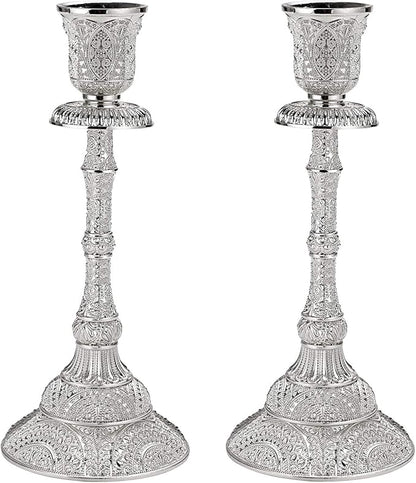 OwnMy Set of 2 Taper Candle Holders Vintage Metal Pillar Candlestick Holders 7.4”, Elegant Brass Candle Stick Holders Decor Candelabra Set for Dining Table Centerpieces Wedding Home Decoration, Silver