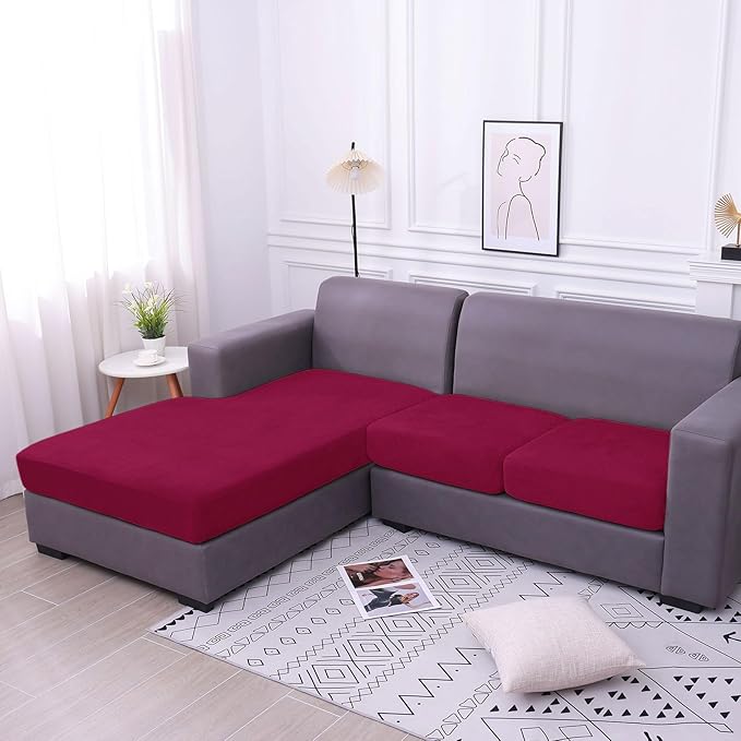 hyha Velvet Couch Cushion Covers, Stretch Chaise Lounge Sectional Couch Seat Covers L Shape for Sectional Sofa, Soft Sofa Cushion Slipcover Washable with Elastic Bottom(Chaise, Wine Red)