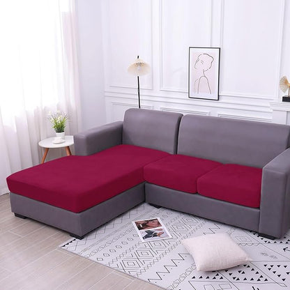 hyha Velvet Couch Cushion Covers, Stretch Chaise Lounge Sectional Couch Seat Covers L Shape for Sectional Sofa, Soft Sofa Cushion Slipcover Washable with Elastic Bottom(XL Chaise, Wine Red)