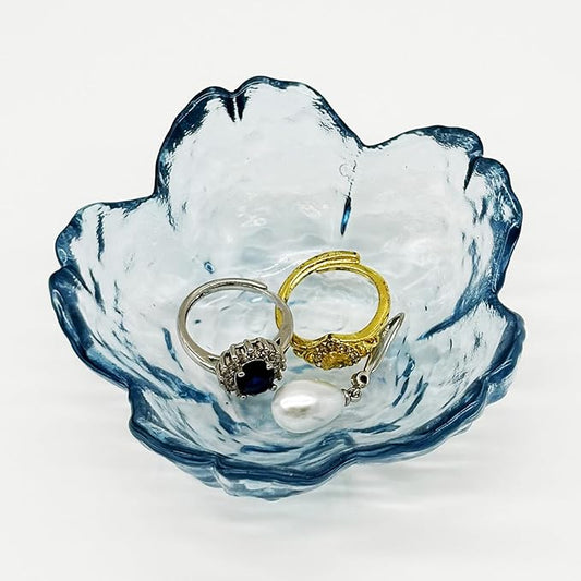 Flower Ring Dish Jewelry Tray, Glass Jewelry Dish Tray, Aesthetic Room Decor Small Trinket Dish, Nightstand Jewlery Ring Holder Dish, Bathroom Jewelry Plate Bowl for Rings Earrings Wife Gift (Blue)