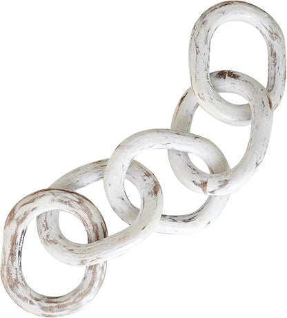 Housewarming Gifts Wood Chain Link Decor Hand Carved 5-Link Wood Knot Decorative Chain, Rustic Decorative Object Large Wooden Chain for Home Living Room Coffee Table Farmhouse 16 x 4 x 2 (White)