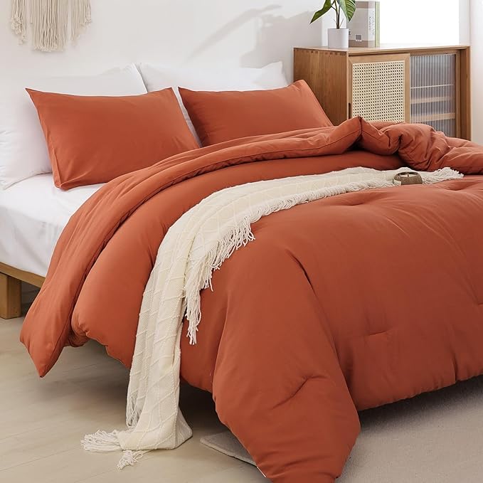 ROSGONIA California King Comforter Set Burnt Orange,3pcs(1 Boho Terracotta Cal King Comforter & 2 Pillowcases),All Season Rust Blanket Quilt Oversized