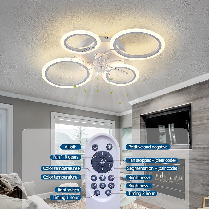 HuixuTe 26" White Geometric Circular Ceiling Fan with Lights Remote Control, 3 Colors 6 Speeds Low Profile Ceiling Fan with Light for Kitchen Bedroom
