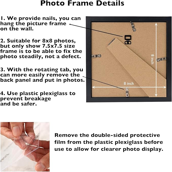 8x8 Picture Frame Set of 2 Black for Wall Hanging or Tabletop, Wall Mounting Horizontally or Vertically, 8 x 8 Square Wall Gallery Poster Photo Frame with Shatter Resistant Plexiglass, 2 Pack, Black