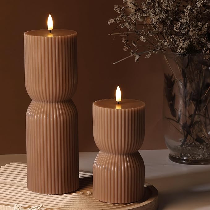 Brown Ribbed Flameless Pillar Candles with Remote, Real Wax Flickering Battery LED Candles Christmas Decor Gift Set of 2