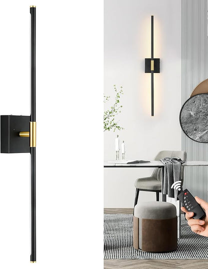 Battery Operated Wall Sconce Single, Black Gold Rechargeable Wall Sconce with Remote, Dimmable Sconce Wall Light, 24 Inch LED Wireless Wall Light for Background Wall, Bedroom,Living Room